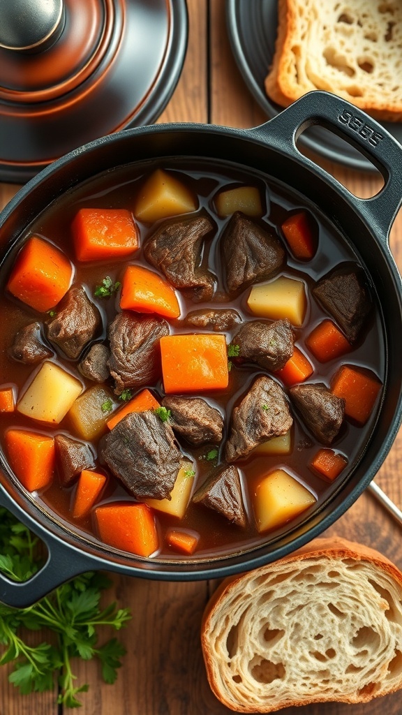 A cast iron Dutch oven with beef stew, carrots, and potatoes on a wooden table.